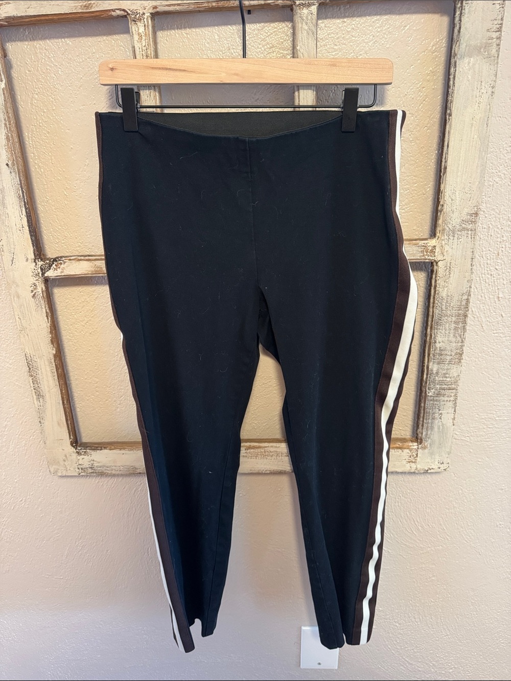 a new day Black Ponte Track Pants with White and Brown Side Stripes